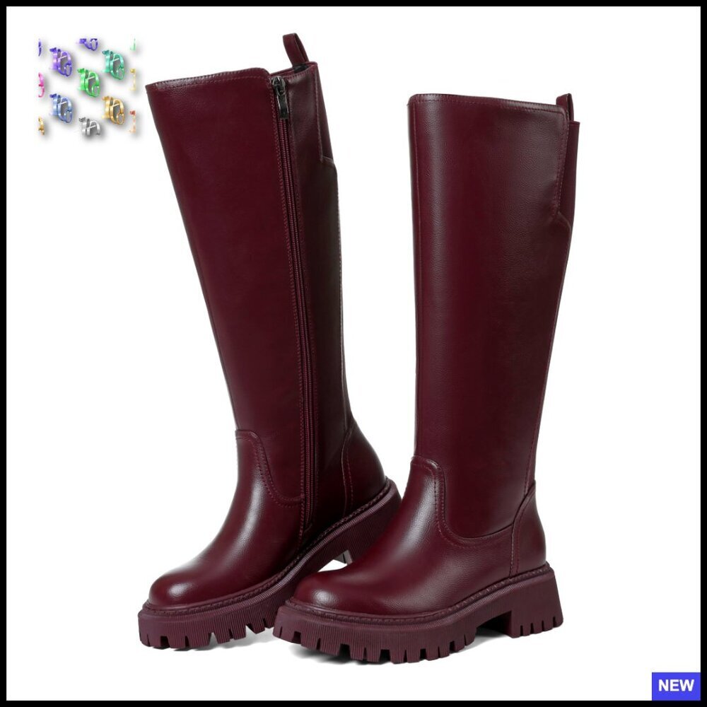 Knee High Riding Boots Platform Chunky Low Heel Wide Calf Stretch Side Zipper